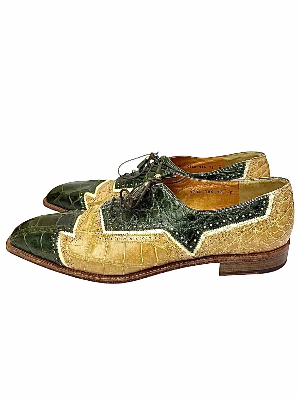Mauri Crocodile Spectator Dress Exotic Brogue Green Tan Size 16 Made In Italy